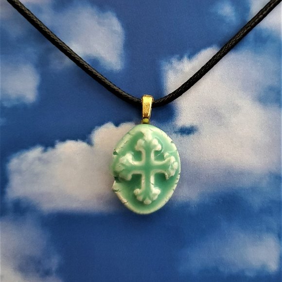 Handmade Ceramic Aqua Green Fleur De Lis Cross Pendant Necklace - Picture 13 of 14